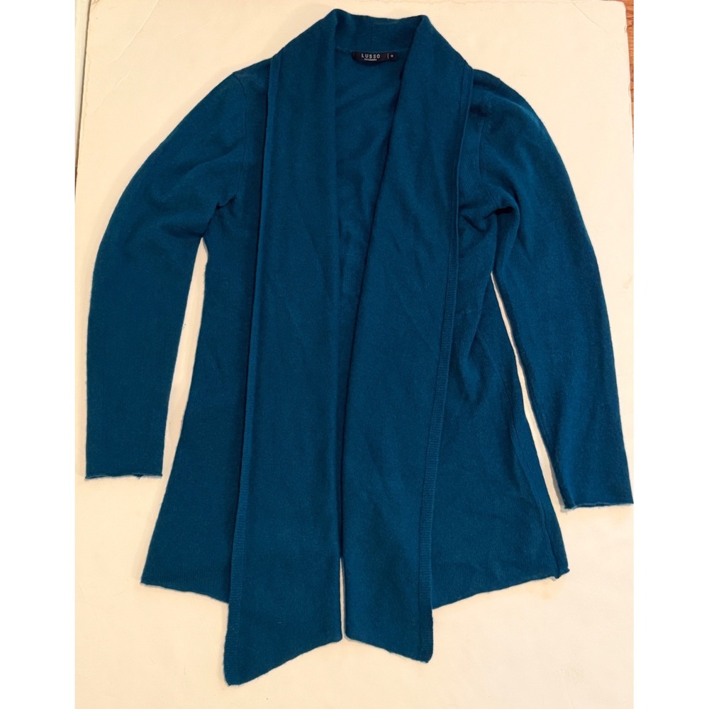 Lusso Cashmere Teal Blue Open Front Draped Shawl Cardigan Sweater M PFC6369SF